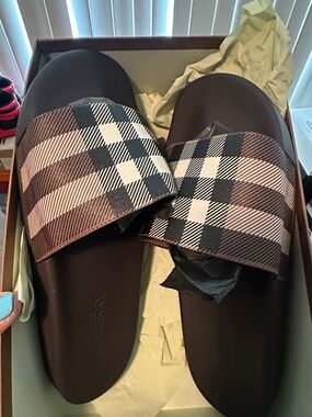 Burberry Brown and Beige Plaid Slide Sandals
